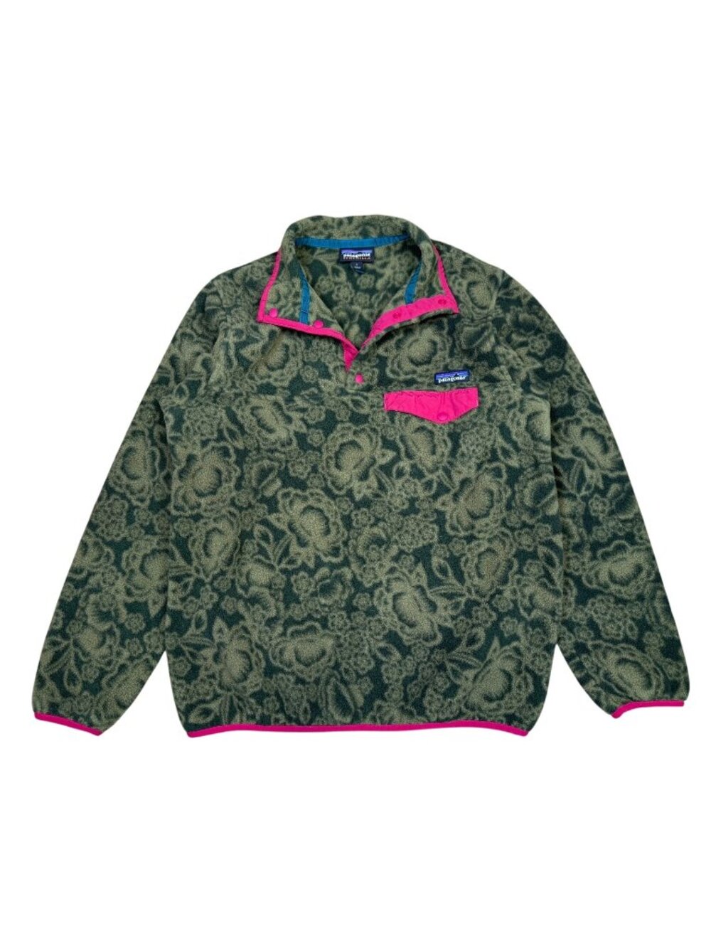 Patagonia Synchilla Snap-T Pullover Womens Large Green Floral Fleece Pink Trim